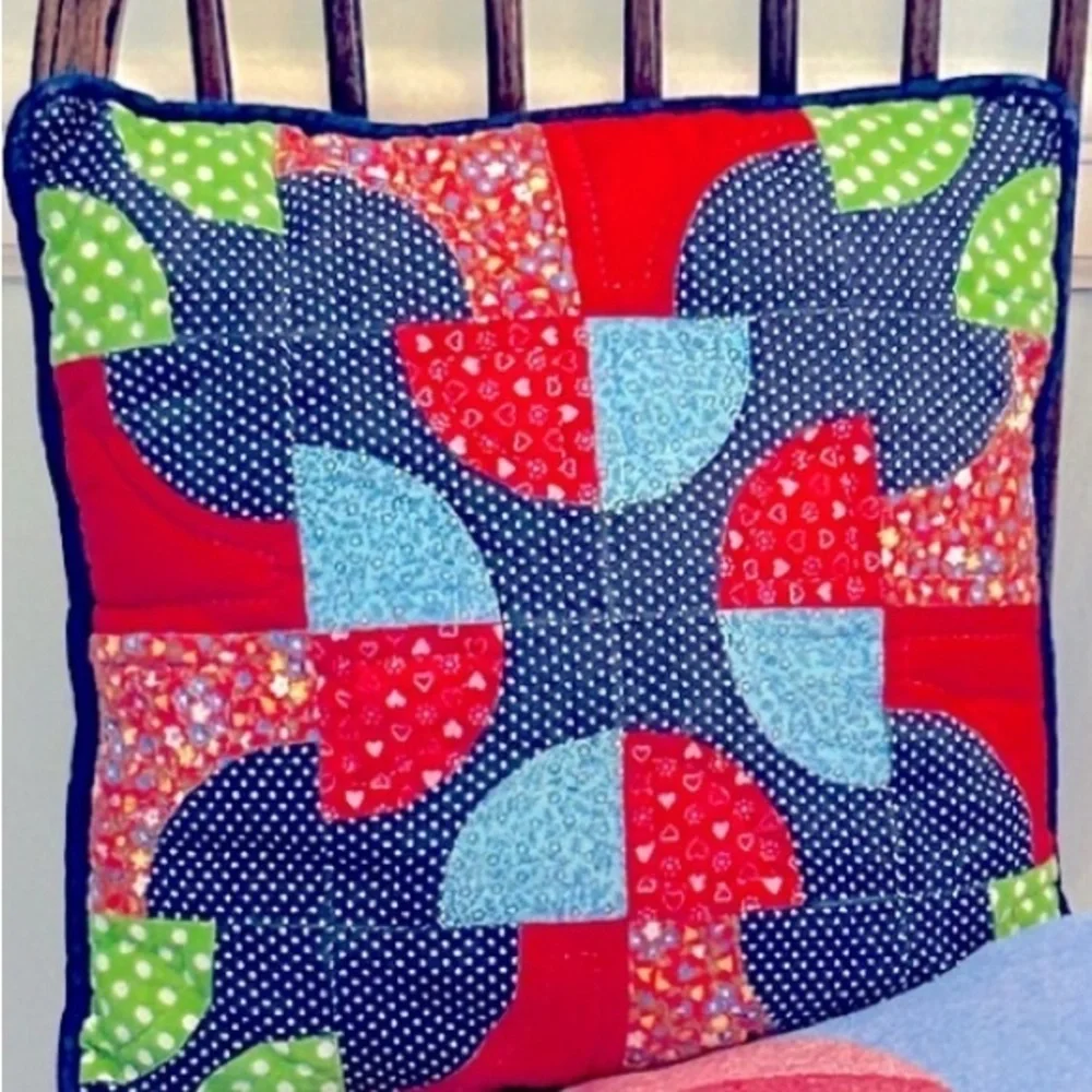 Antique Quilt Pillow 18x18 Mushroom + Polka Dots 2 Sides Blue Red Green Handmade